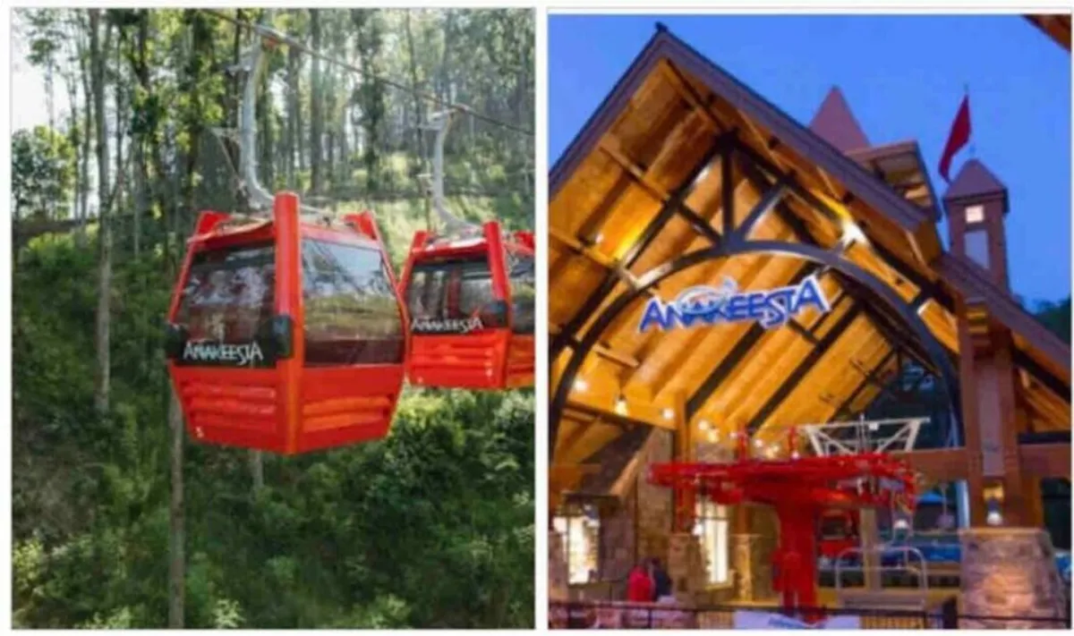 This exterior image captures the iconic gondola cabins and charming wooden architecture of Ober Mountain, surrounded by lush landscaped greenery. The scene evokes a sense of adventure, providing a glimpse of the thrilling gondola rides and the natural beauty accessible nearby.